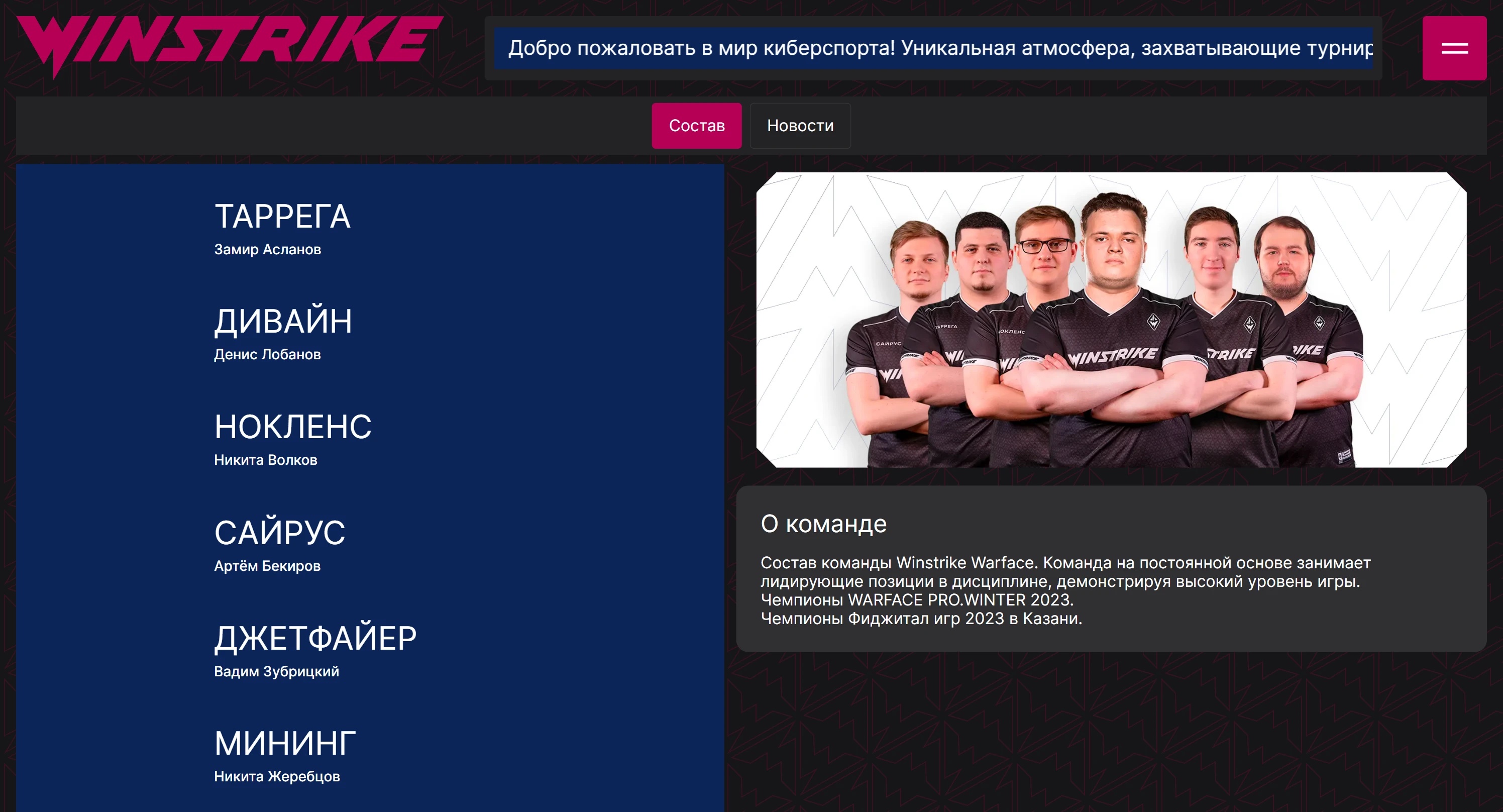 Страница команды Winstrike на сайте Winstrike.gg с информацией о составе и достижениях команды